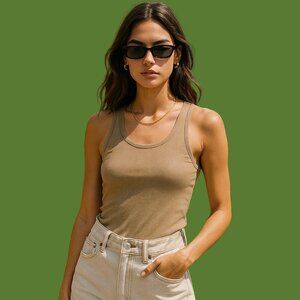 Sunday Best Taupe Ribbed Tank Top – Size M (100% Cotton, Made in Peru)